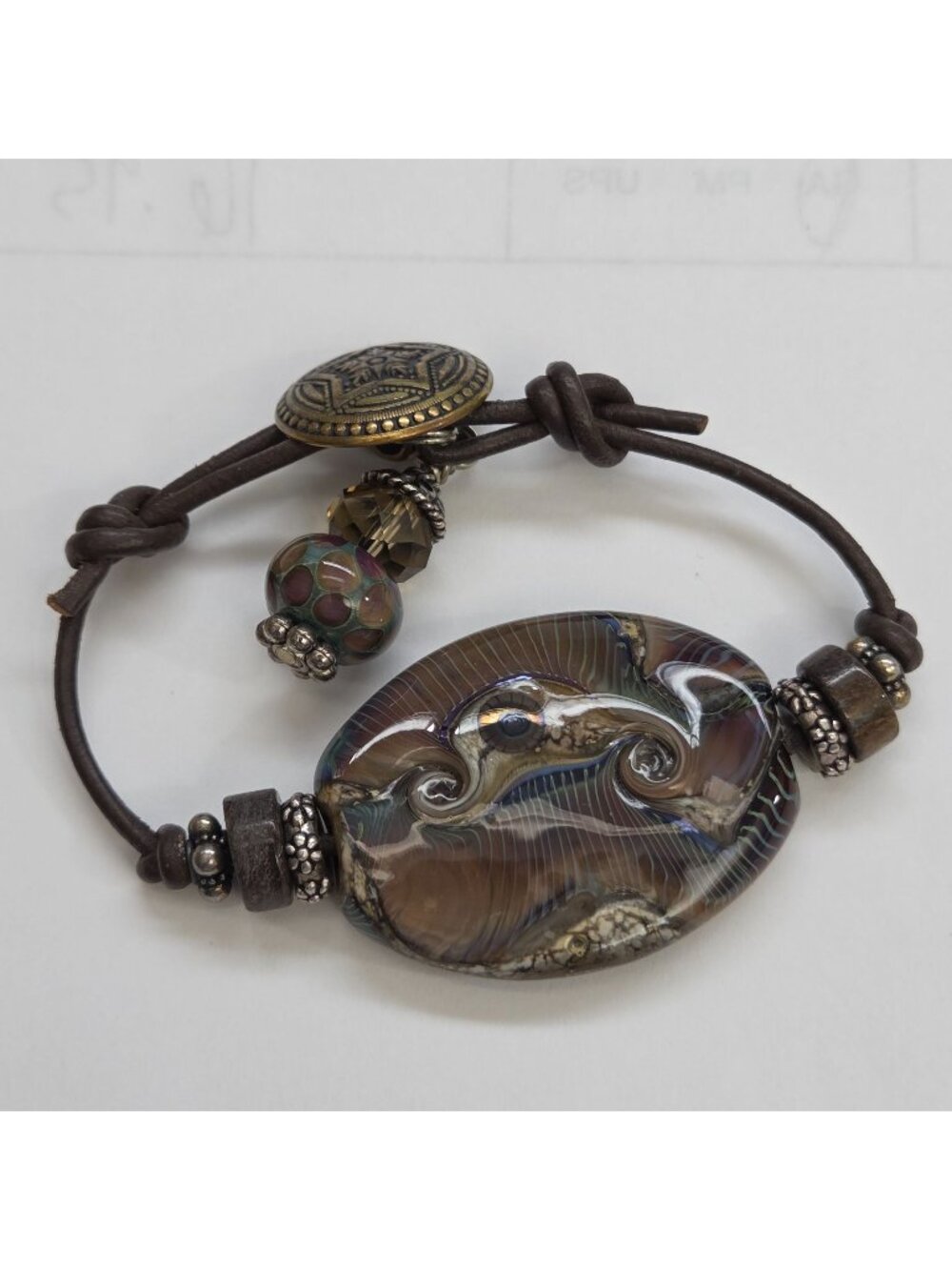OOAK Artisan Dichroic Art Glass Leather Bracelet With Button Closure & Charm